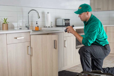 Peach Town Pest Control technician treating a home in Hampton, GA